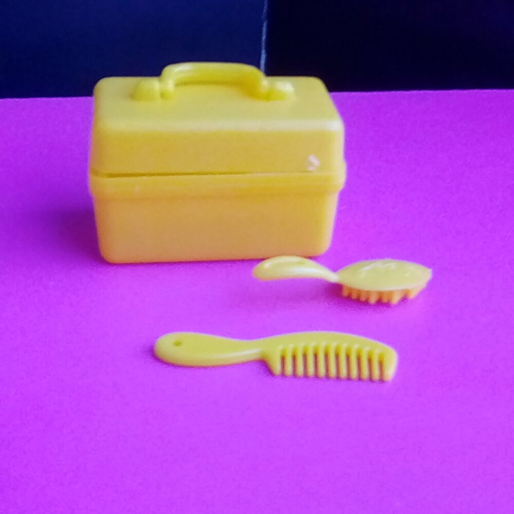 Barbie doll size yellow carry on luggage make up case 80s